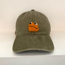 An olive green cotton baseball cap featuring a small embroidered orange toad face on the front, displayed against a plain off-white background.