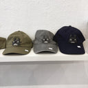 Set of 3 hats, olive green, gray and navy blue with wool tufting of Totoro on them.