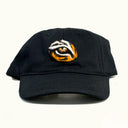 Black cap with an embroidered tiger eye design on a white background