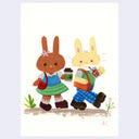 drawing of 2 cartoon bunnies, dressed in preppy modern outfits, each with a shoulder bag and drinks.