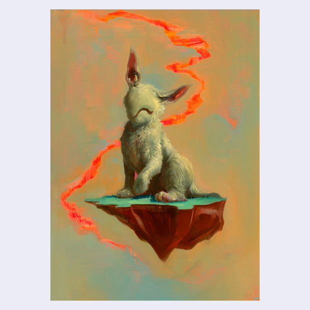 Highly rendered oil painting with slightly muddy orange and blue coloring. A white, furry creature akin to a puppy or a rabbit sits atop a floating piece of flat land. Its face is obscured, as if it has a mask. A bright orange streak runs through the background of the piece.