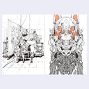 Two illustrations side by side; one depicts a room with people and objects, the other a detailed mask.