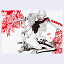 Illustration of a skeleton couple with red floral elements on a white background
