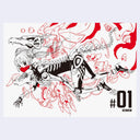 Artistic illustration of a character with mechanical elements and red accents on a white background.