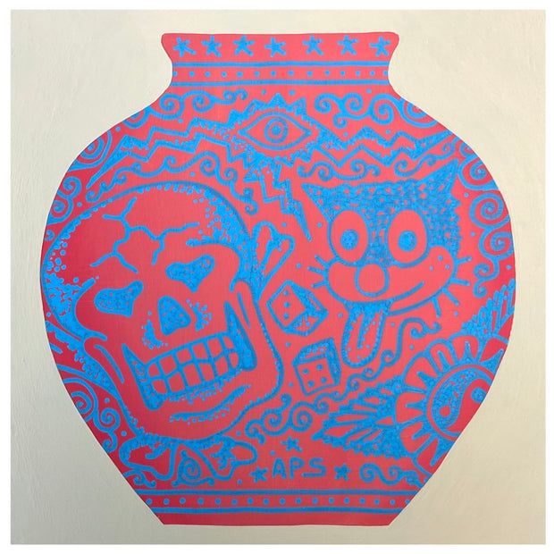 Painting of a rounded vase with a very wide opening. It is red with blue pointillism style design all around it, including a skull, Felix the Cat, dice, and floral thematics. 