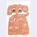 marker and ink illustration of a large cartoon brown dog with very large pink and brown eyes and floppy ears. All on its fur are smaller pink dogs and flowers.