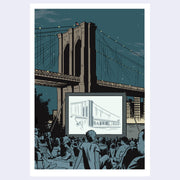 Illustrated postcard of the Brooklyn Bridge, at night. In the foreground is a group of many people, all sitting on the grass and viewing a movie outdoors on a projector screen.