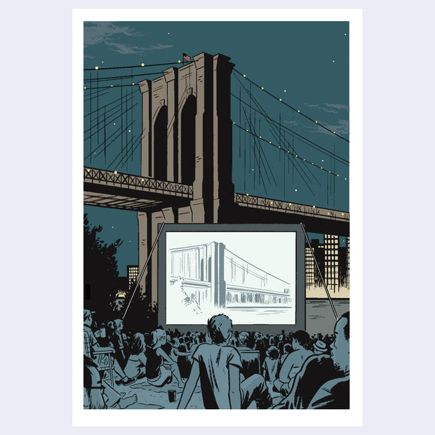 Illustrated postcard of the Brooklyn Bridge, at night. In the foreground is a group of many people, all sitting on the grass and viewing a movie outdoors on a projector screen.