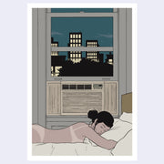 Illustrated postcard of a nude woman with visible tan lines, laying on her bed stomach down. Outside her window is a scene of lit up buildings at night.