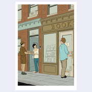 Illustrated postcard of a street scene, with a UPS worker handing off a package to a woman coming out of the building. She looks at someone unlocking the bookshop next door.