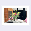 Painting of a bouquet of colorful flowers on the counter in a public restroom.