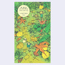 A vertical art print featuring a whimsical illustration of two cartoon frogs in a green outdoor scene with orange maple leaves and yellow leaves. The top left corner includes a white speech bubble with text reading 'A FROG IN THE FALL (AND LATER ON) .