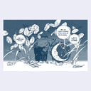 A monochrome comic-style illustration showing two frog characters in a grassy scene with speech bubbles. The artwork is rendered in blue-gray and white, with one figure holding a round clock-like object.