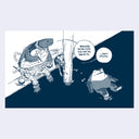 A dark blue and white comic-style illustration of a turtle and a frog in dark navy water, with speech bubbles on a white background.