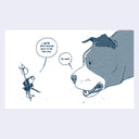A minimalist blue-and-white illustrated scene showing a large dog in profile facing a small frog holding a bindle, with speech bubbles.