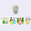 Washi tape roll and example strip of its designs - cat and rabbit characters in nice dresses and bonnets interacting with flowers and trees.
