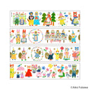 Colorful illustrations of cartoon characters in various poses and outfits on a white background.
