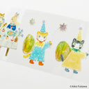 Illustrations of cats in costumes with decorative elements on a white background, by Aiko Fukawa.
