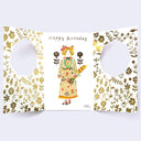 Birthday card with pink background and colorful flowers, revealing a cutely dressed cat.