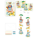 Colorful children's wall hanging with dolls and animals, showing front and back views.