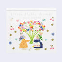 Illustration of two characters exchanging a large bouquet of flowers with decorative elements on a light purple background.
