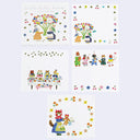 Set of four colorful illustrations featuring cartoon characters and floral elements on a white background.