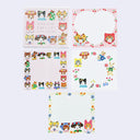 Memo pad with 4 different page designs of artwork by Aiko Fukawa of cute animals dressed in floral and spring-time fashion.