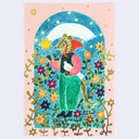 Postcard with a colorful illustration of a mouse holding a bird and standing amongst many flowers.