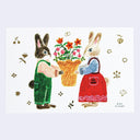 Postcard with a graphic of 2 rabbits dressed fancily and facing one another, both holding a basket of flowers.