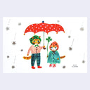 Postcard with a graphic of 2 cats standing under a red polka dot umbrella.