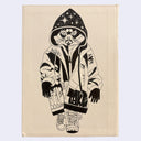 Black ink drawing on the backside of a book cover of an anthropomorphic cat walking on 2 legs and wearing a very oversized hooded zip jacket.