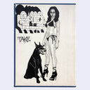 Illustration of a woman in a bikini with a dog, featuring text and graffiti elements on a textured background.