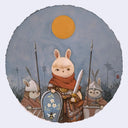 Illustration of a rabbit character in armor with two smaller rabbit characters, set against a circular sky with a sun.