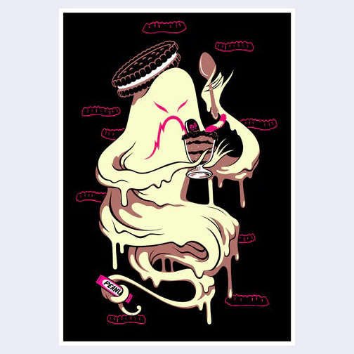 Illustration on black background of a cream colored ghost with drips coming off of it, holding a chocolate pudding desert. It has a large sandwich cookie atop its head.