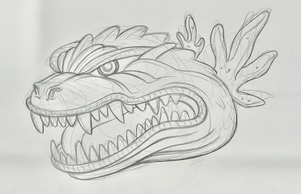 Refined graphite sketch drawing of a Godzilla head, with an open mouth and teeth showing.