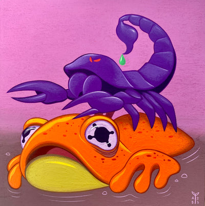Colorful painting of an orange frog, partially submerged in water with a purple scorpion of the same size atop its back, green venom dripping from its tail. Background is solid pink gradient into mauve colored water.
