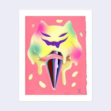 Illustration on pink background of a melty cartoon cat face with a jack-o-lantern style expression. It sits atop a chrome colored cone and melts over the sides.