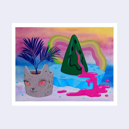 Illustration of a colorful still life style scene featuring a cat shaped planter, a green cone with a smiley face and pink liquid dripping out of it and a rainbow background.