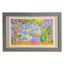 A framed colorful cartoon-style artwork showing a whimsical scene with a with 4 Yokai monsters walking through a super colorful forest. The piece is displayed in a gray wood frame with a beige mat on a white background.