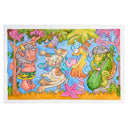A colorful illustrated artwork featuring whimsical fantasy characters and animals in a stylized outdoor scene, with a white border around the artwork.