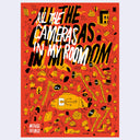 Book cover for 'All the Cameras in My Room' by Michael DeForge, featuring a vibrant red background filled with hand-drawn yellow and black doodles and bold white and black title text.