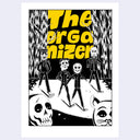 A black and white illustration of characters in black outfits with large heads of monster masks.