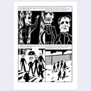 A black and white comic strip featuring stylized characters and panels with text, shown centered on a light gray background.