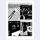 A black and white comic strip featuring four panels with illustrated figures, a cat face, and text boxes, centered on a white background.