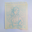 Blue line drawing of a character on a light blue background