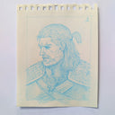 Blue pencil drawing of a character on a light beige background