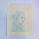 Blue ink drawing of a profiled figure on beige paper with grid lines.