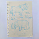 Spiral-bound notebook with blue ink sketches of a miniature pony on a light purple background.