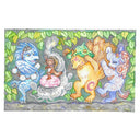 Painting of 4 Yokai monsters dancing in a way similar to Where the Wild Things Are, with a tiny boy dressed as a Tanuki dancing with them.