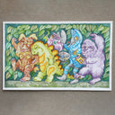 Colorful illustration of various kaiju monster creatures in a forest setting, walking in a line like Where the Wild Things Are.